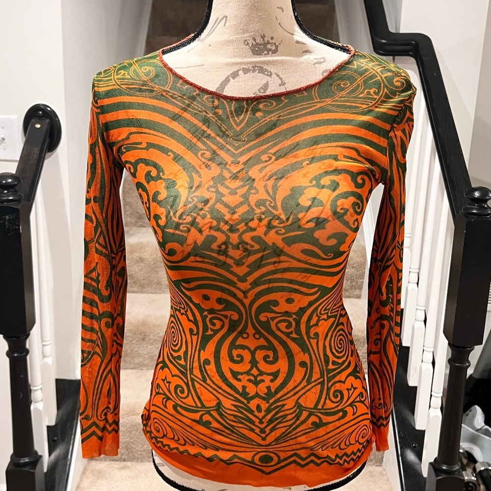 Jean-Paul GAULTIER FEMME Tribal Print Mesh T Shirt Orange, Green